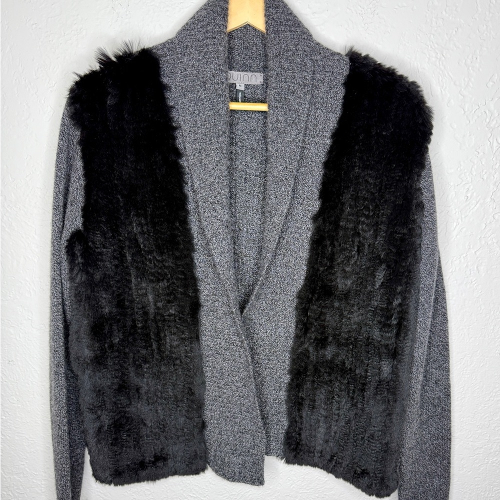 Quinn Rabbit Fur Detail Cashmere Cardigan Sweater M Black Gray Open Front Soft
